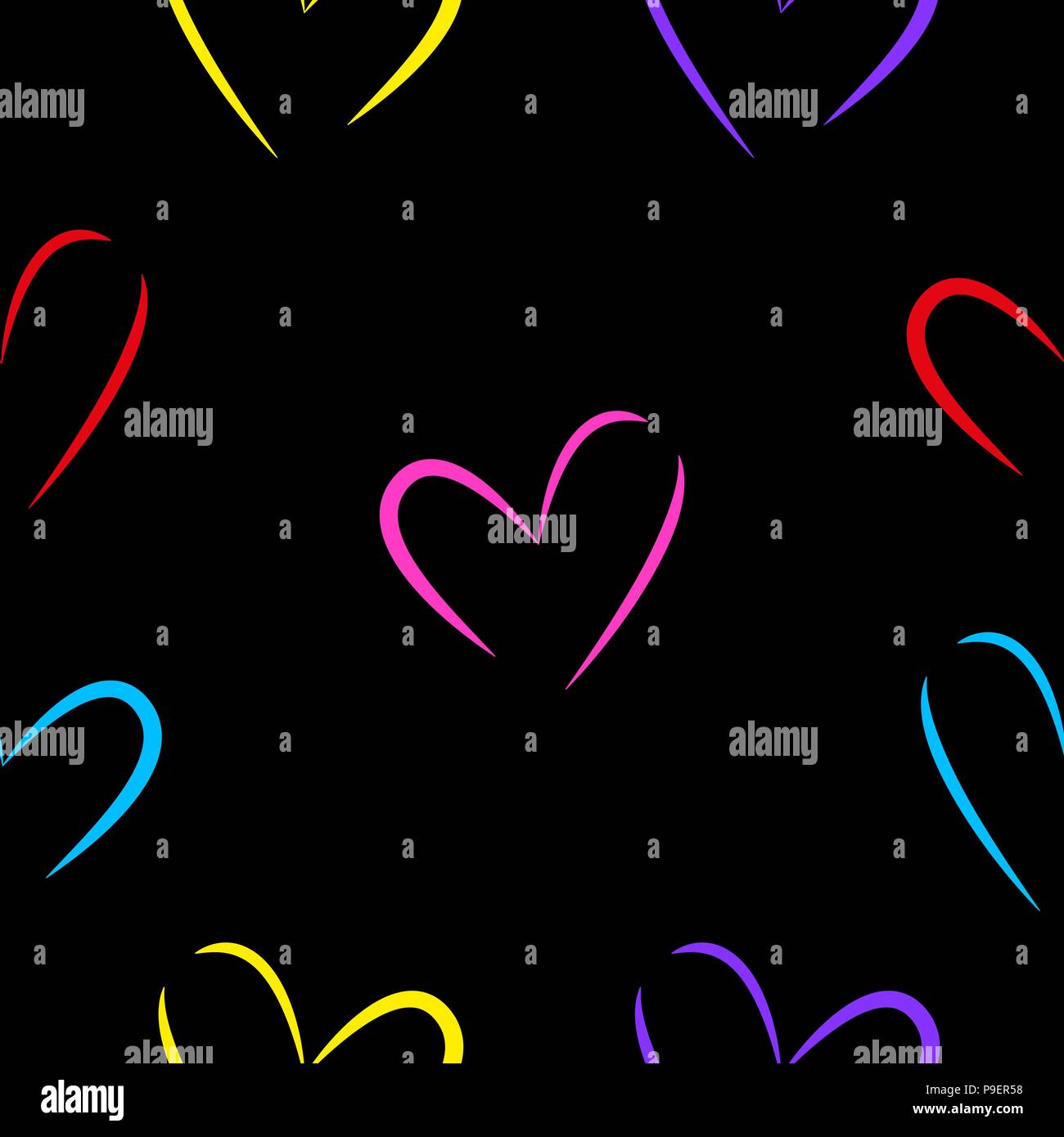 Seamless texture di multi-colored hearts isolato con sfondo nero. Illustrazione Vettoriale