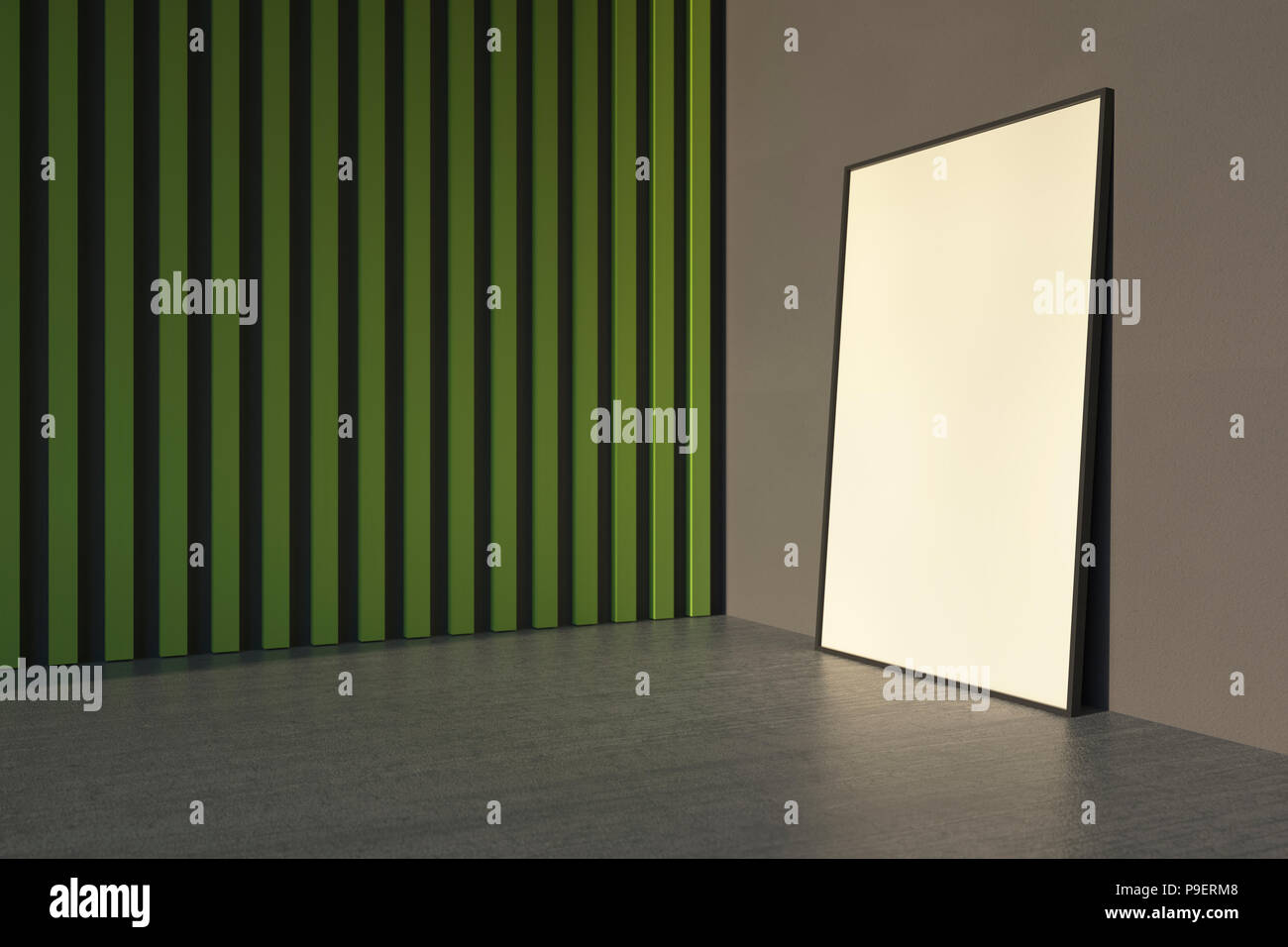 3d immagine interiore. Mockup un poster all'interno dell'edificio. Parete ricoperta con listelli di colore verde. Foto Stock
