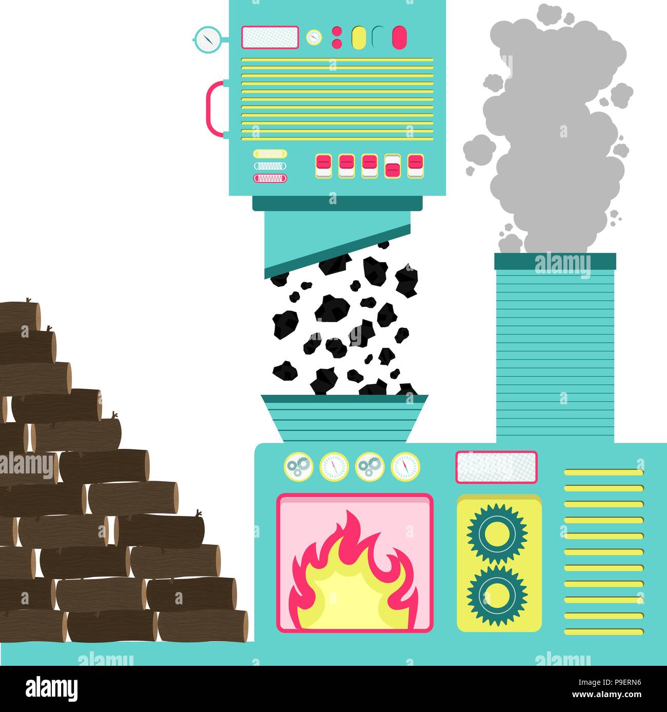 Le macchine con forno di incenerimento del carbone. Tronchi di legno trasformato in carbone. Il fumo proveniente dalla combustione in uscita del camino. Illustrazione Vettoriale