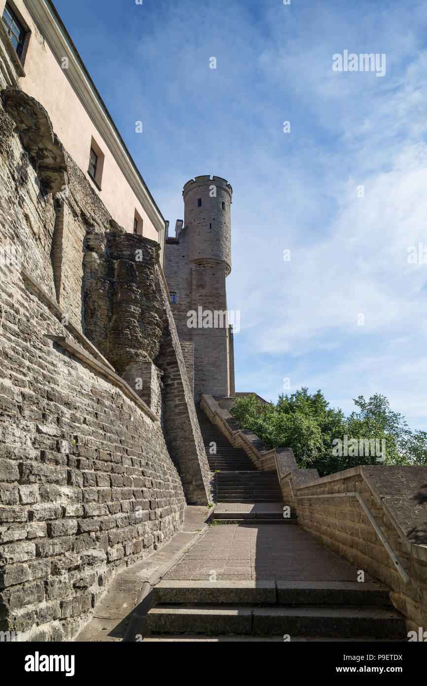 Scale al di fuori delle mura medievali della città (Città o parete o pareti di Tallinn) e una torre sulla collina di Toompea nella Città Vecchia di Tallinn, Estonia, in estate. Foto Stock