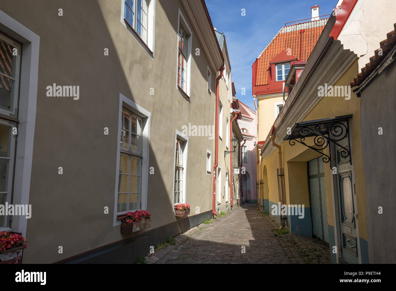 Edifici vecchi e stretta e vuoto strada sulla collina di Toompea nella Città Vecchia di Tallinn, Estonia, in una giornata di sole in estate. Foto Stock