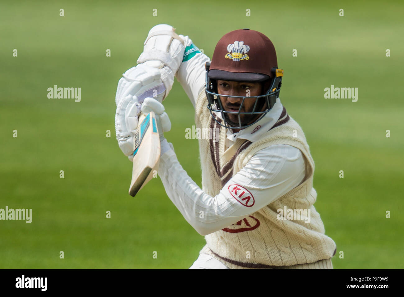 Londra, UK. 18 Luglio, 2018. Ryan Patel batting per Surrey contro le Indie Occidentali "A" lato touring al ovale. David Rowe/Alamy Live News Foto Stock