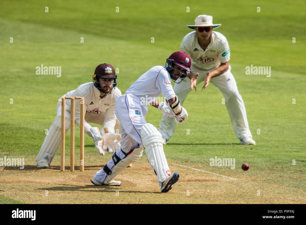 Londra, UK. 18 Luglio, 2018. Vishaul Singh alla battuta per West Indies "A" touring lato contro Surrey al ovale. David Rowe/Alamy Live News Foto Stock