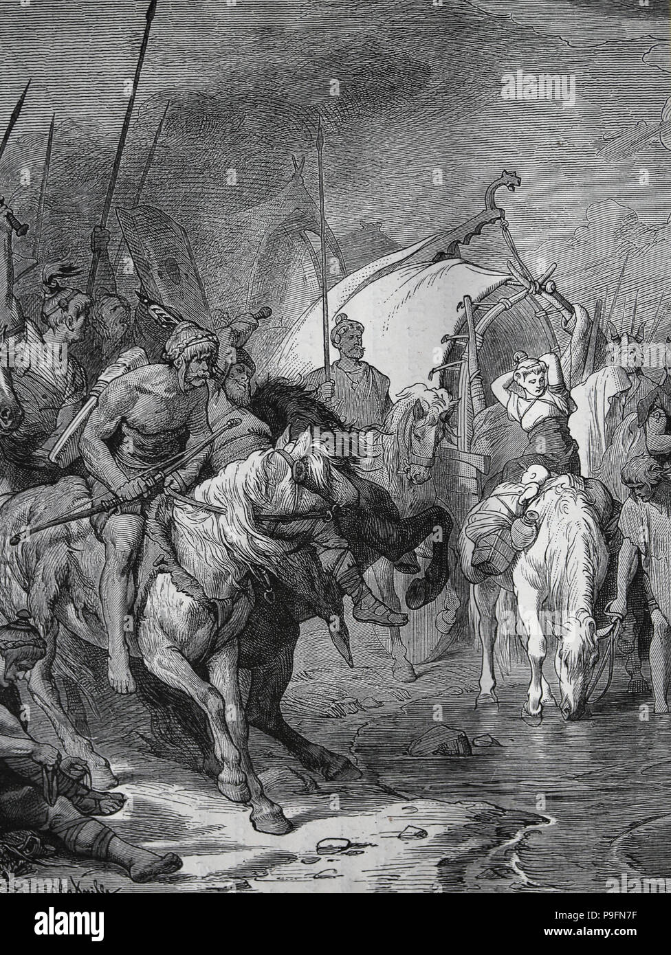 Periodo di migrazione (tribù germaniche e Unni). 4a-6a secolo. Incisione, 1882. Colore. Foto Stock