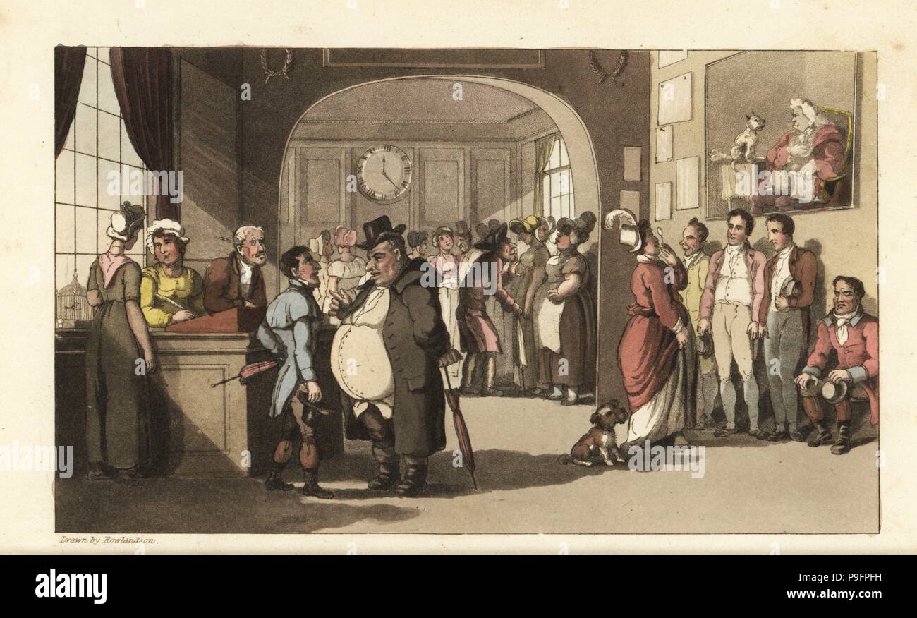 Johnny cercando lavoro presso un ufficio del registro di sistema per i servitori domestici. Gli uomini e le donne con monocles esaminando i facchini, cameriere e altro personale. Handcolored incisione su rame di Thomas Rowlandson da William Combe è la storia di Johnny Quae Genus, il piccolo Foundling del compianto medico sintassi, Ackermann, Londra, 1822. Foto Stock