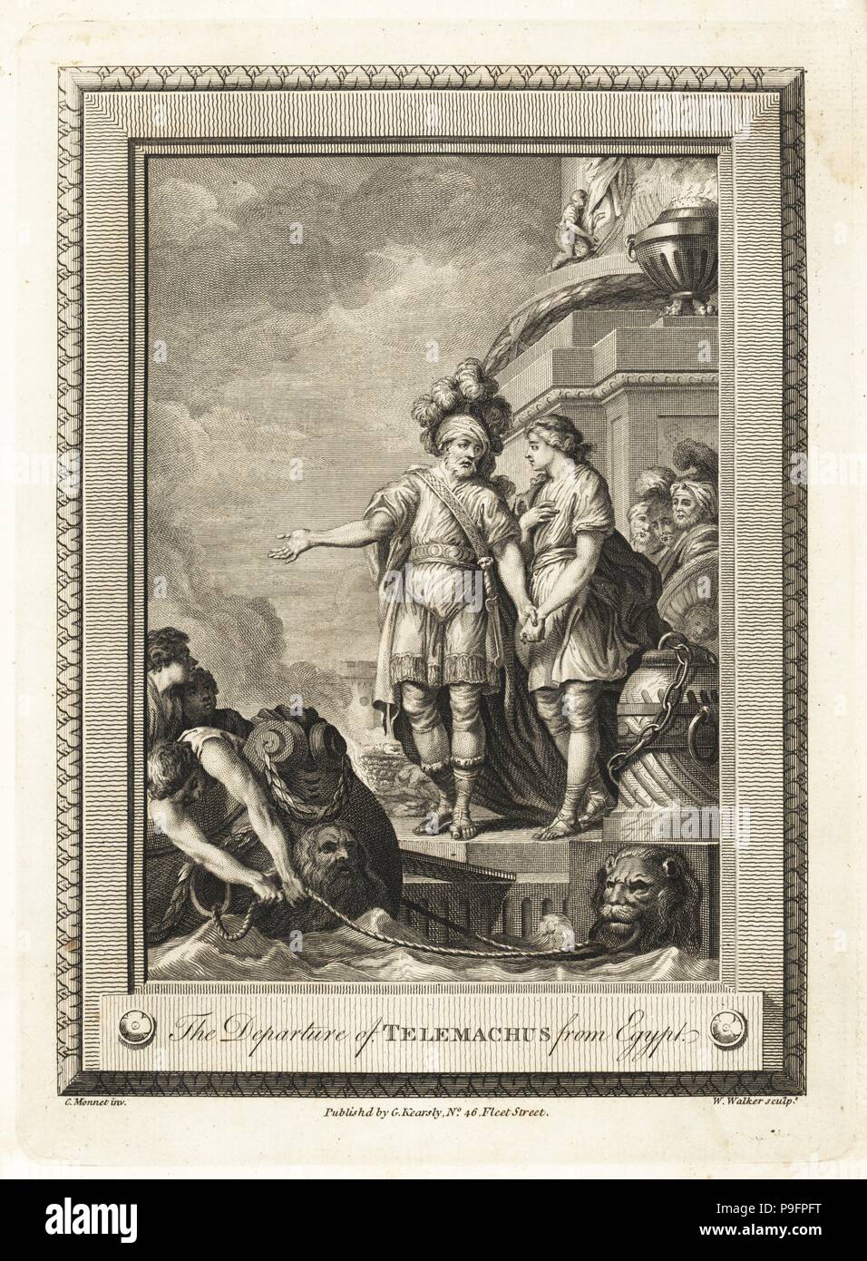 La partenza di Telemaco dall'Egitto. Incisione su rame di W. Walker dopo una illustrazione di C. Monnet dalla piastrina di rame rivista mensile o Tesoro, G. Kearsley, Londra, 1778. Foto Stock