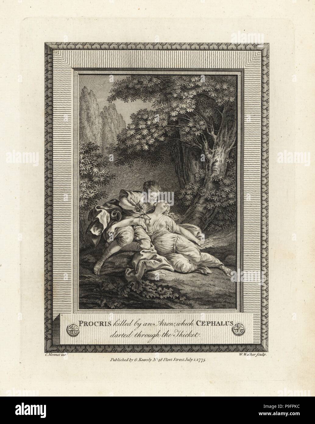 Procris ucciso da una freccia che suo marito cefalo sfrecciato attraverso il canneto mentre la caccia. Mito greco. Incisione su rame di W. Walker dopo una illustrazione di C. Monnet dalla piastrina di rame rivista mensile o Tesoro, G. Kearsley, Londra, 1778. Foto Stock