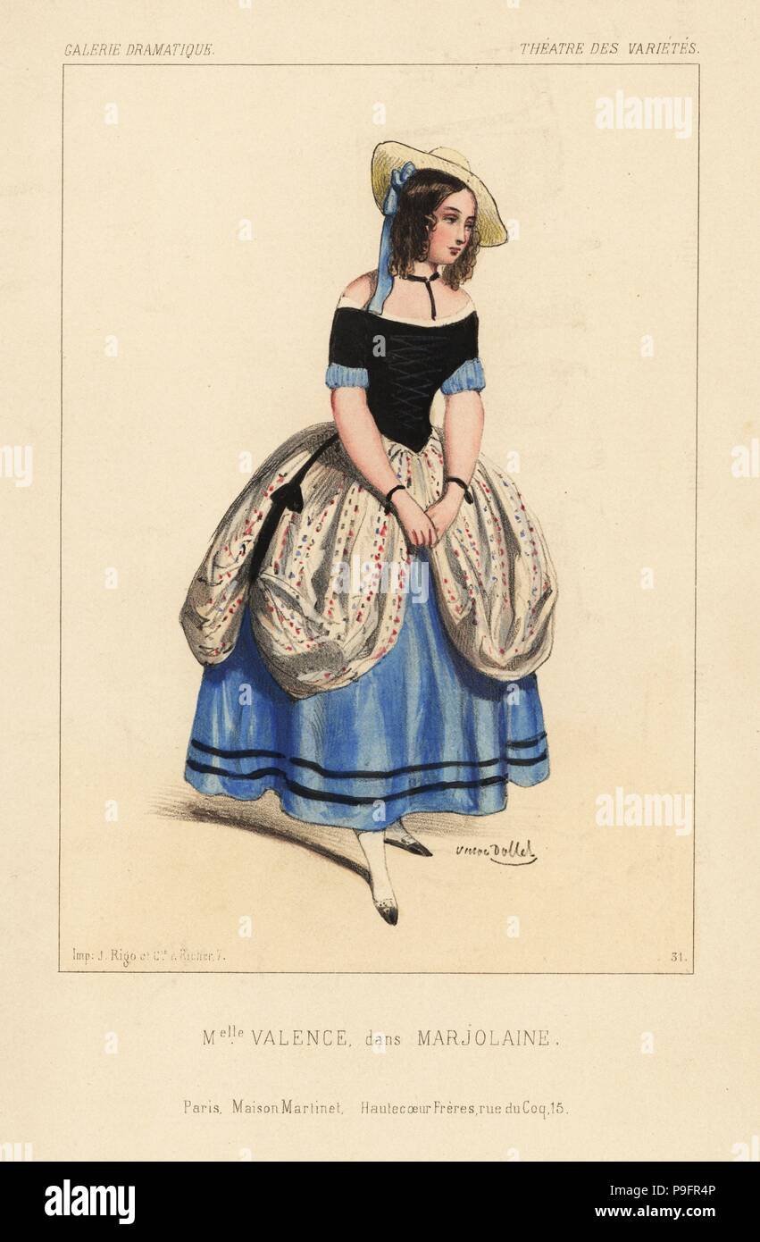 Mlle Valence nel vaudeville pezzo Marjolaine, Theatre des Varietes, 1844. Litografia Handcolored dopo una illustrazione di Victor Dollet da Victor Dollet's Galerie Dramatique: costumi des teatri de Paris, Paris, 1845. Foto Stock