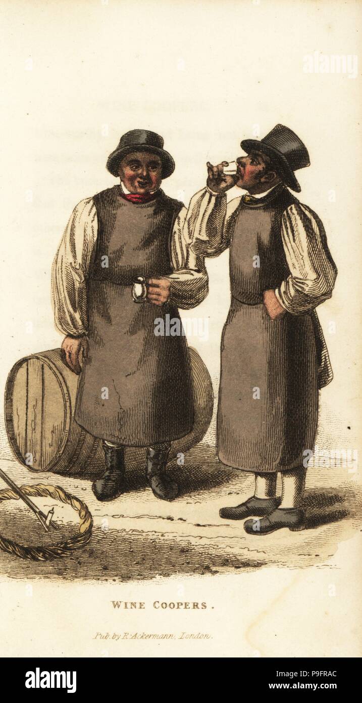 Vino coopers in camicia, il grembiule e cappello. Handcolored incisione su rame da William Henry Pyne è il mondo in miniatura: Inghilterra, Scozia e Irlanda, Ackermann, 1827. Foto Stock