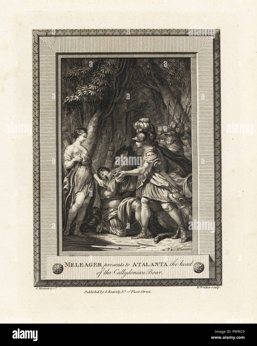 Meleagro presenta alla Vergine cacciatrice Atalanta la testa al cinghiale Calidonio. Incisione su rame di W. Walker dopo una illustrazione di C. Monnet dalla piastrina di rame rivista mensile o Tesoro, G. Kearsley, Londra, 1778. Foto Stock