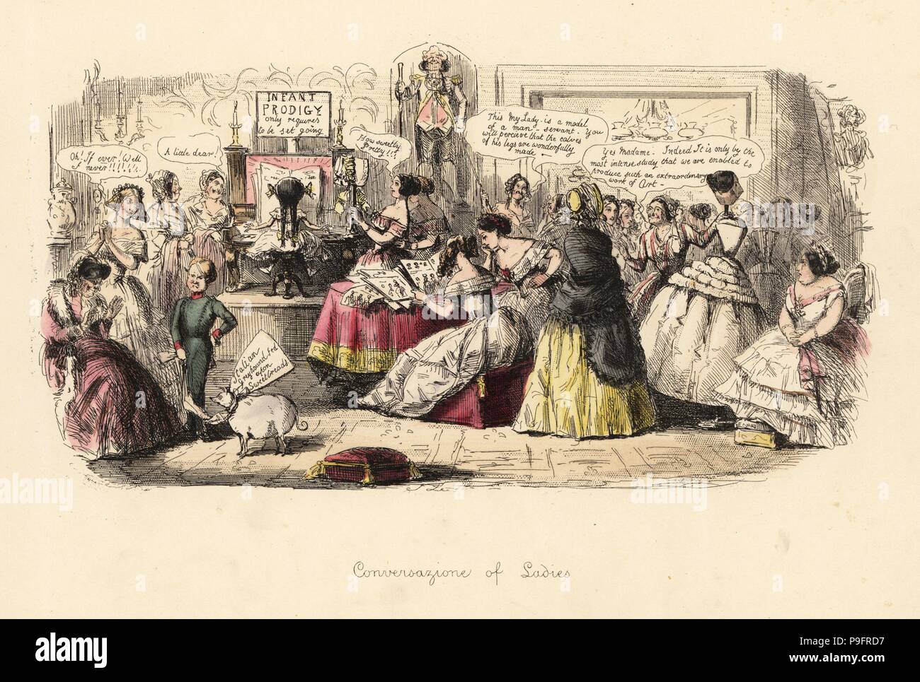 Conversavione di Ladies, 1848. Stampa satirica del signore in un salone a discutere di moda, bambini, cani e uomo servi. Handcolored etching da John Leech da follie dell'anno, dal punzone di libri tascabili, Bradbury, Londra, 1864. Foto Stock