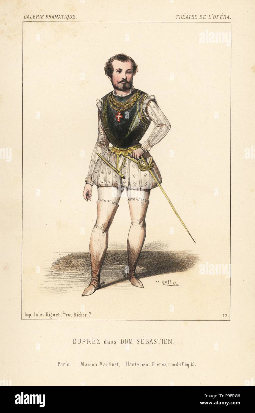 Tenore francese Gilbert Duprez in Dom Sebastien di Gaetano Donizetti, Teatro de l'Opera, 1843. Litografia Handcolored dopo una illustrazione di Victor Dollet da Galerie Dramatique: costumi des teatri de Paris, Paris, 1845. Foto Stock