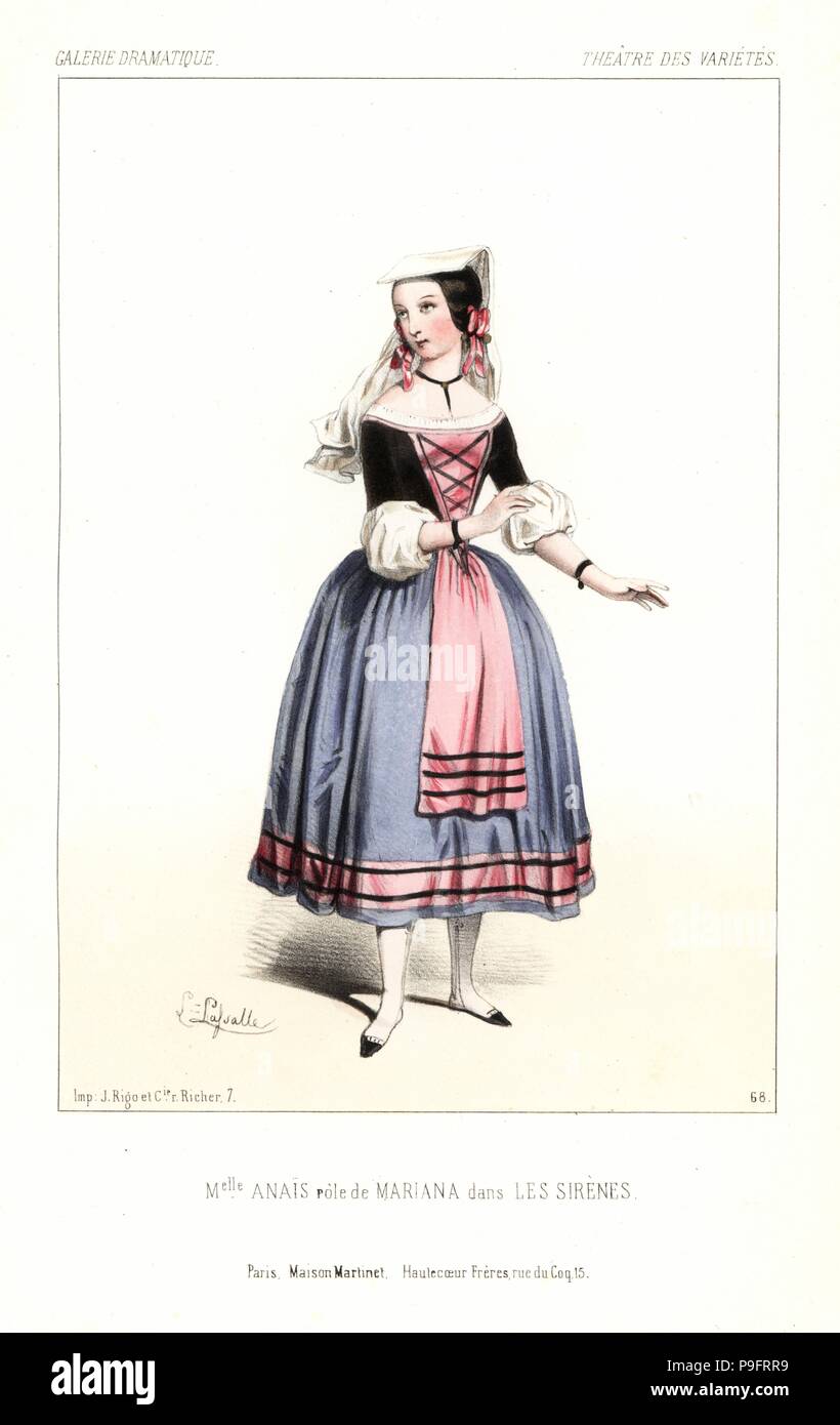 Mlle. Pauline Anais come Mariana in Les Sirenes, Theatre des Varietes, 1844. Litografia Handcolored dopo una illustrazione di Louis Lasalle da Victor Dollet's Galerie Dramatique: costumi des teatri de Paris, Paris, 1844. Foto Stock