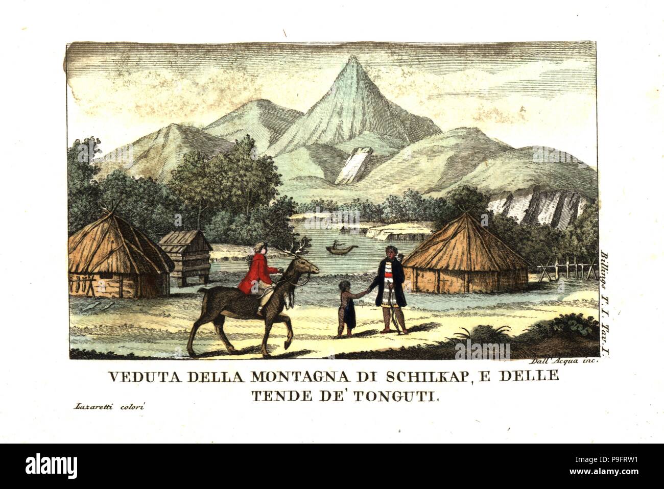 Vista del picco e Shilka e tende del popolo Tungusic. La explorer Billings corse di renna. Da Joseph Billings e Martin Sauer è un conto di una spedizione per le regioni settentrionali della Russia. Incisione su rame da Dell'Acqua handcolored Lazaretti da Giovanni Battista Sonzogno la raccolta dei più interessanti Viaggi (Raccolta de Viaggi più interessanti), Milano, 1815-1817. Foto Stock