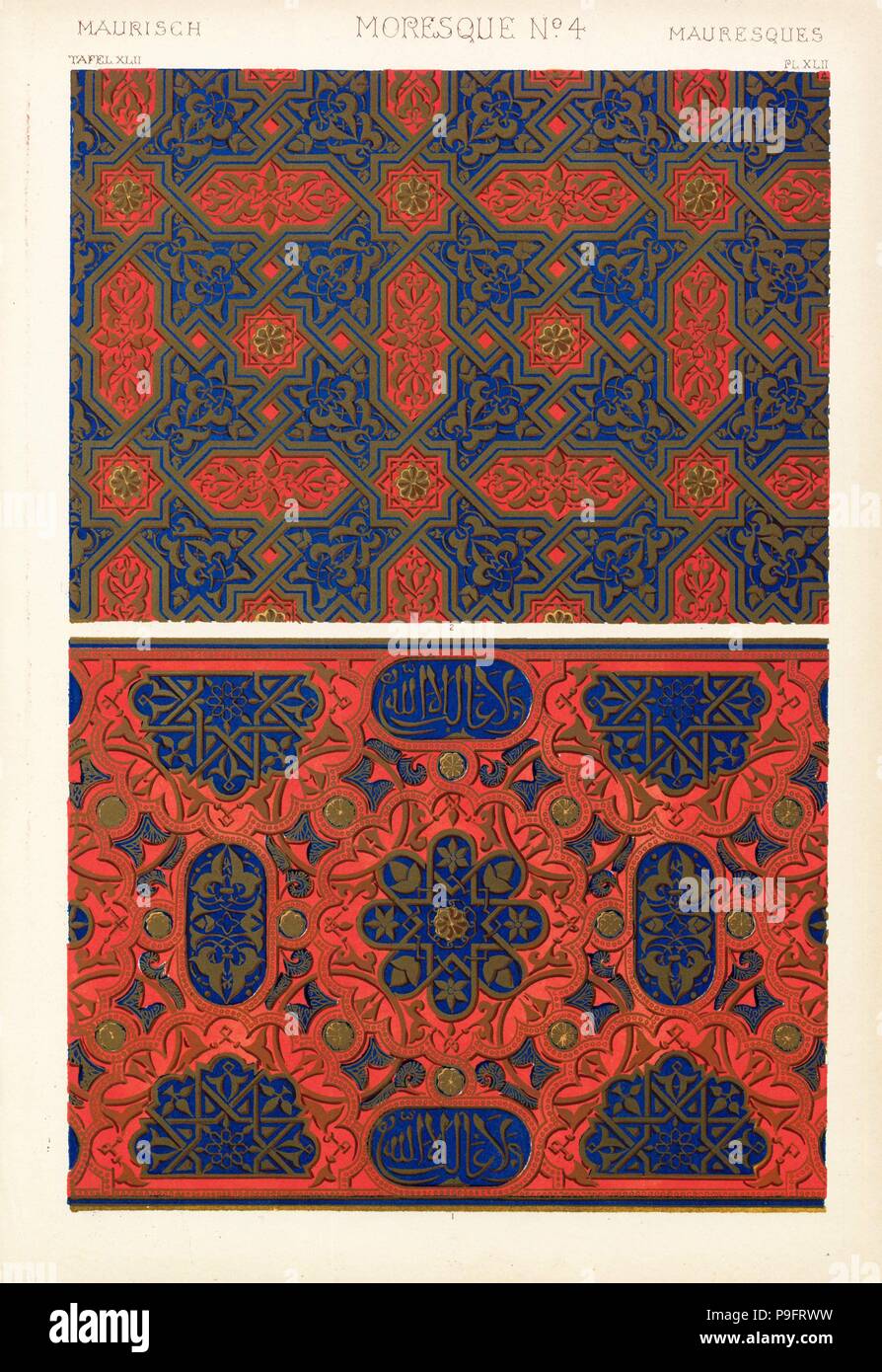 Varietà di piazza moresco pannolini dalla Alhambra di Granada, Spagna. Fregio sopra le colonne nella corte dei Leoni 1, e boiserie in windows, Sala degli ambasciatori 2. Chromolithograph da Francis Bedford da Owen Jones' la grammatica di ornamento, Quaritch, Londra, 1868. Foto Stock