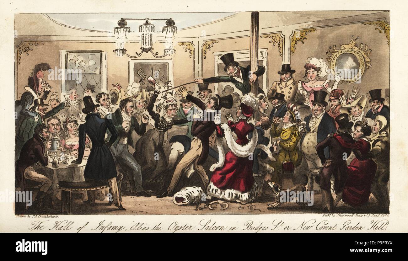 Regency colleghi terminando la notte con una lotta al famigerato bar a 4AM. La sala di infamia, alias la berlina di ostriche in ponti San o New Covent Garden. Copperplate Handcolored disegnato e inciso da Robert Cruikshank dall'inglese Spy, Londra, 1825. Scritto da Bernard Blackmantle, uno pseudonimo di Charles Molloy Westmacott. Foto Stock