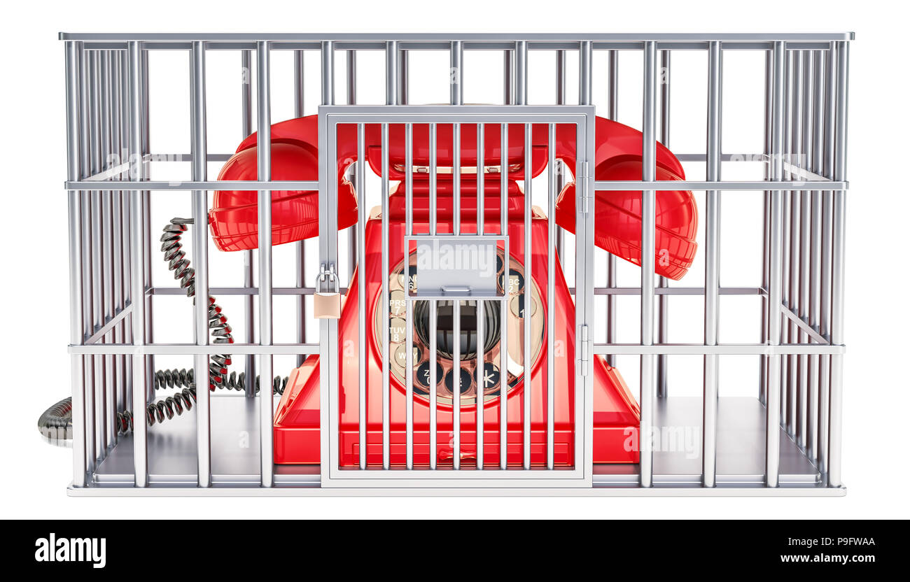 Telefono cellulare all'interno della gabbia, cella di prigione. 3D rendering isolati su sfondo bianco Foto Stock