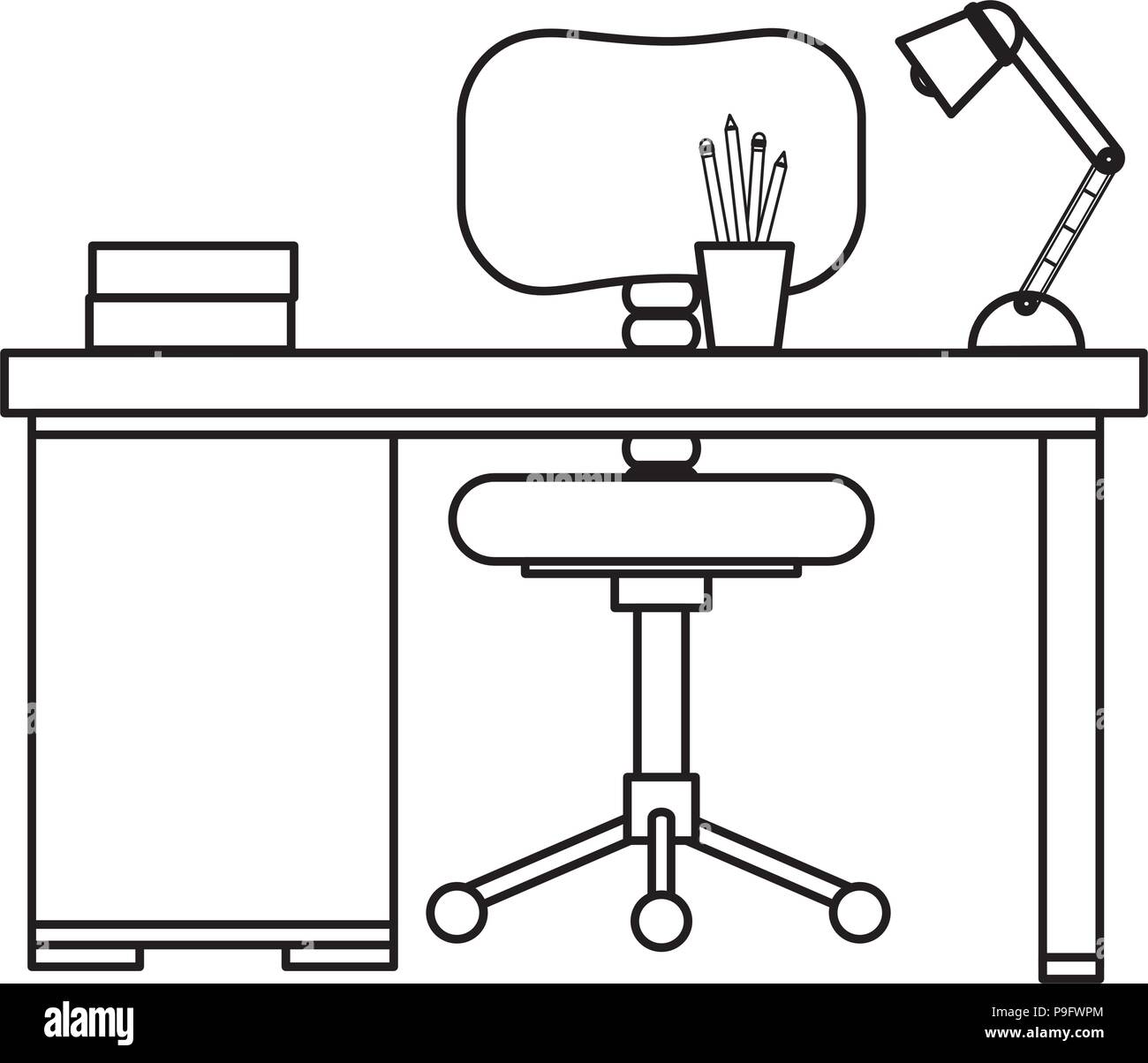 Postazione di lavoro con scrivania e sedia scena Illustrazione Vettoriale