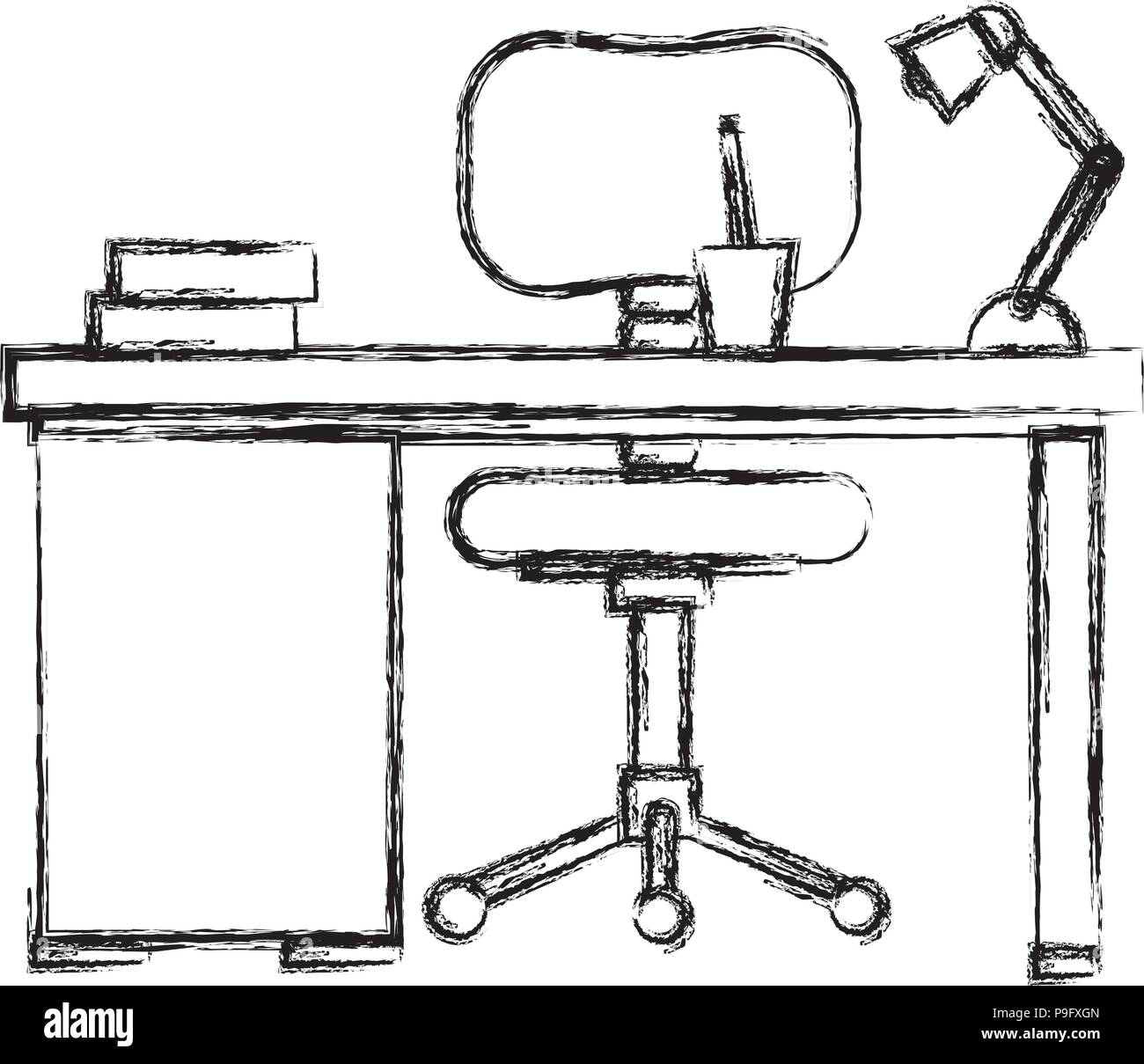 Postazione di lavoro con scrivania e sedia scena Illustrazione Vettoriale