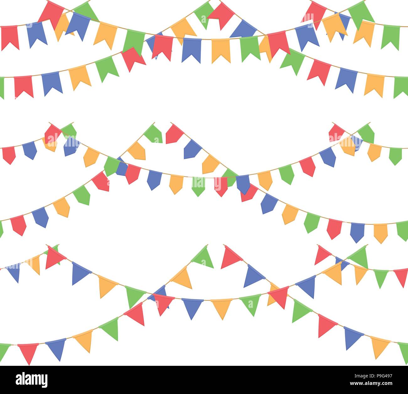 Set di garland con la celebrazione della catena di bandiere, rosso, blu, giallo, verde pennons con nessuno sfondo, piè di pagina e il banner per la celebrazione Illustrazione Vettoriale