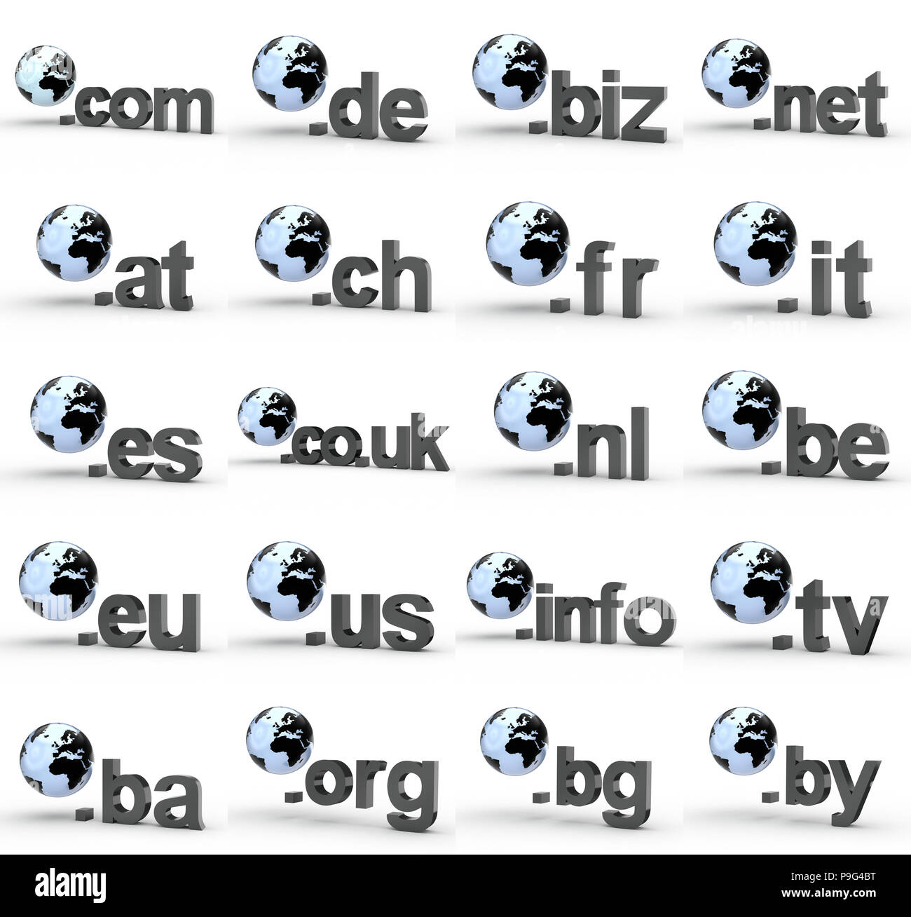 Set di dominio web Nome Indirizzo desinenze con globo Foto Stock