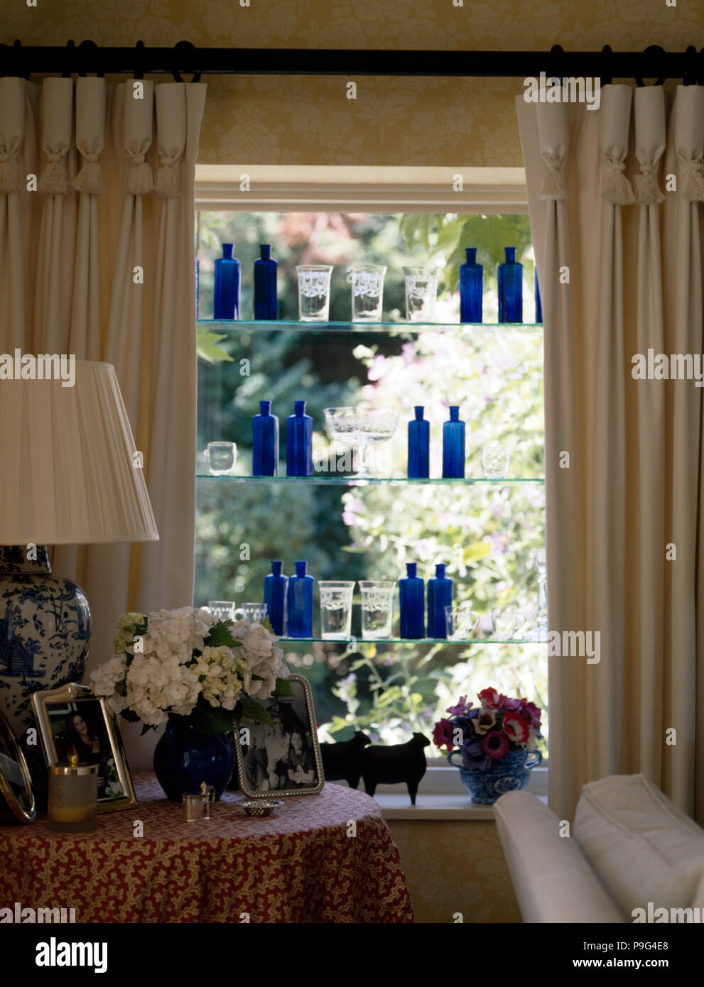 La crema rosa pizzico plissettate oscuranti sulla finestra con una collezione di blu di bottiglie di vetro su ripiani in vetro Foto Stock
