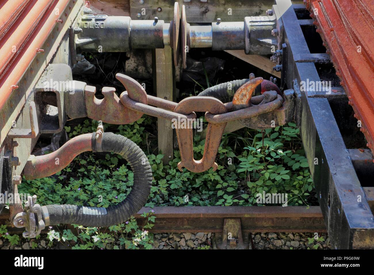 Il Rusty giunti sul vecchio vintage di vagoni ferroviari o carri su un incolto in disuso la linea ferroviaria o via Foto Stock