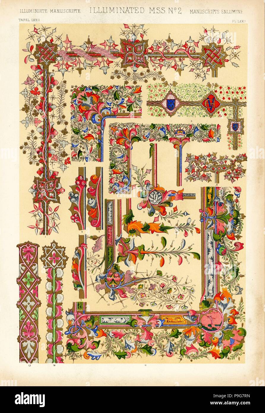 Medieval manoscritti miniati del XIII secolo 13,14, xiv secolo 1,3-6,8-11, e il XV secolo 2,7,12,15. Chromolithograph da Francis Bedford da Owen Jones' la grammatica di ornamento, Quaritch, Londra, 1868. Foto Stock