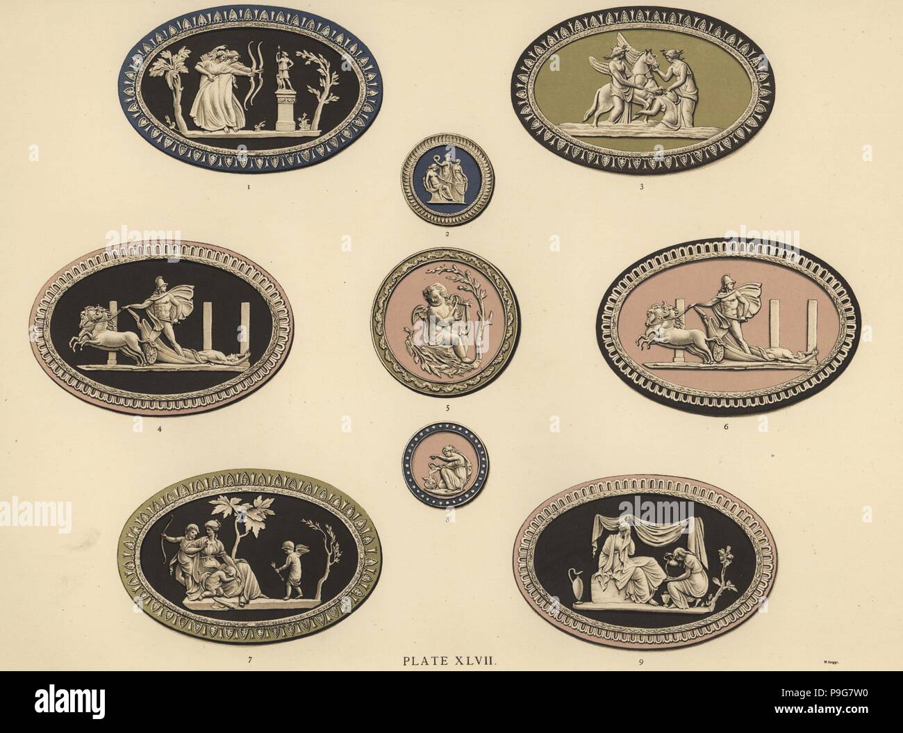 Vari ovali e tondi tricolore di medaglioni raffiguranti scene di mitologia classica. Chromolithograph da W. Griggs da Frederick Rathbone del vecchio Wedgwood, decorativo o di ceramica artistica di lavoro prodotta da Josiah Wedgwood, Quaritch, Londra, 1898. Foto Stock