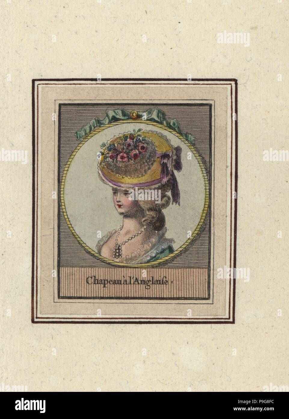 Donna in stile inglese in hat decorato con nastri e fiori. Chapeau a l'italienne. Handcolored incisione su rame da un artista sconosciuto da un album di acconciature moda del 1783, Suite des Coeffures a la Mode en 1783, Esnauts et Rapilly, Parigi, 1783. Foto Stock