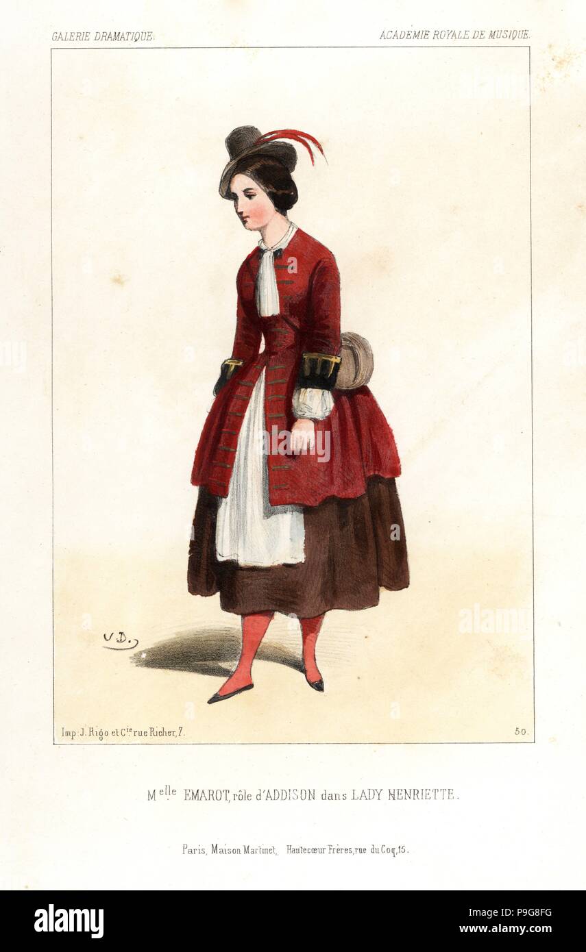 Ballerina Celestino Emarot come Addison a Lady Henriette da Mazilier, Academie Royale de Musique, 1844. Litografia Handcolored dopo una illustrazione di Victor Dollet da Galerie Dramatique: costumi des teatri de Paris, Paris, 1844. Foto Stock