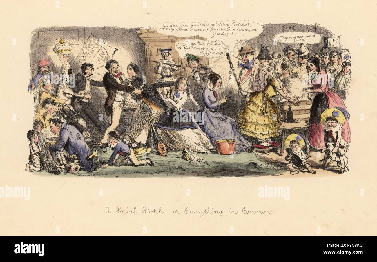 Un schizzo di sociale, o tutto in comune 1850. Stampa satirico di disordini sociali dopo una rivoluzione. Un maschio nero giocatore attaccato dagli uomini della casa per parlare a una signora. Onorevoli costretto a lavare i vestiti e pelare patate, grossolana dei contadini nella Drawing Room, ecc. Handcolored etching da John Leech da follie dell'anno, dal punzone di libri tascabili, Bradbury, Londra, 1864. Foto Stock