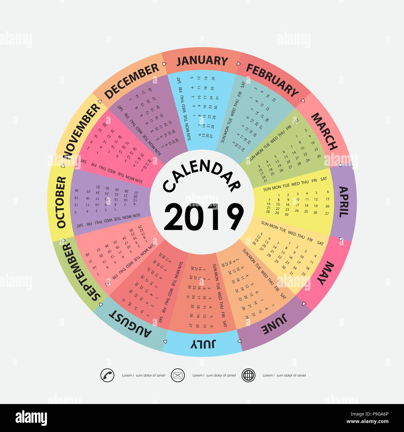2019 Calendario modello.Cerchio calendario modello.Il Calendario 2019 Set di dodici mesi.inizia da domenica.calendario annuale vector design modello di cancelleria.Ve Illustrazione Vettoriale