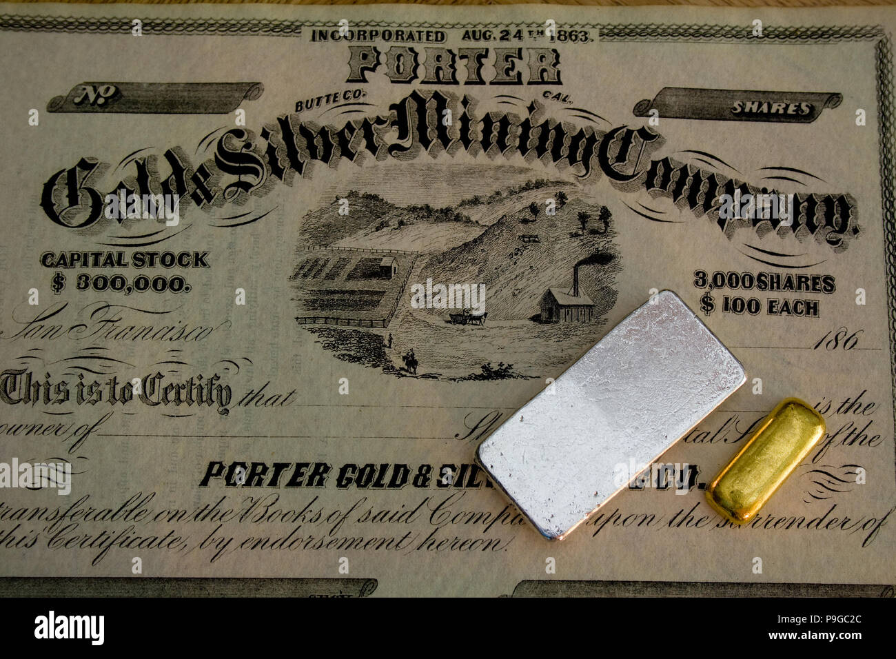1860s Mining Company Stock certificato - California USA - Silver e Gold Bar Foto Stock
