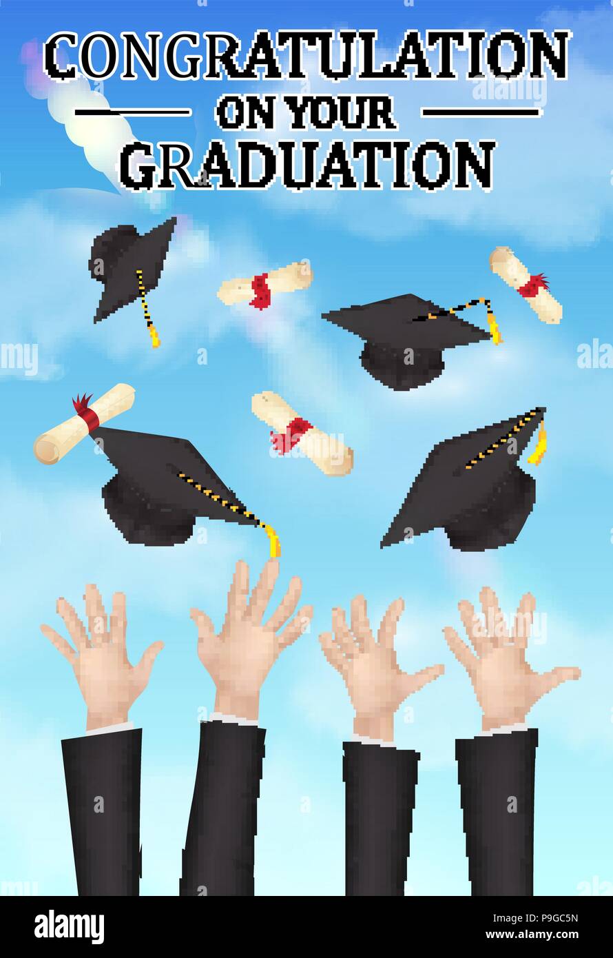 Congratulazioni a mano di graduazione buttare hat diploma Illustrazione Vettoriale