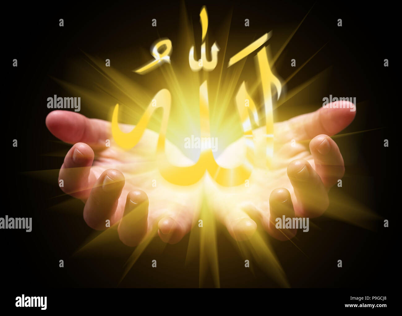Mani cupped and azienda o che mostra la parola Allah. La calligrafia Araba con un luminoso, incandescente, luce splendente. Concetto per l'Islam, islamica, musulmane arabe, Foto Stock