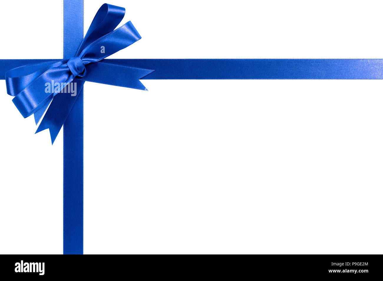 Royal Blue Ribbon regalo di prua angolo orizzontale di confine isolato su bianco. Foto Stock