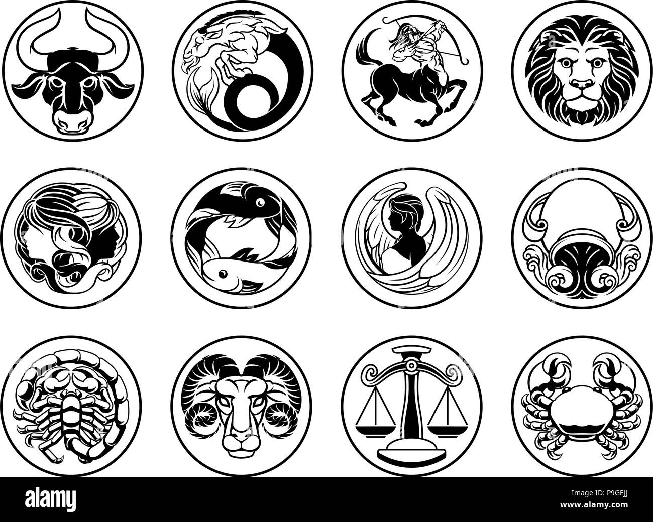 Zodiaco astrologia oroscopo segni star set di simboli Illustrazione Vettoriale