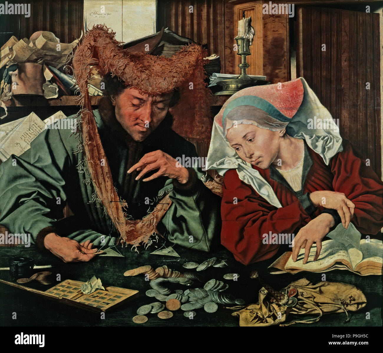 "Il cambiavalute e sua moglie", pittura di olio da Marinus Reymerswaele. Foto Stock