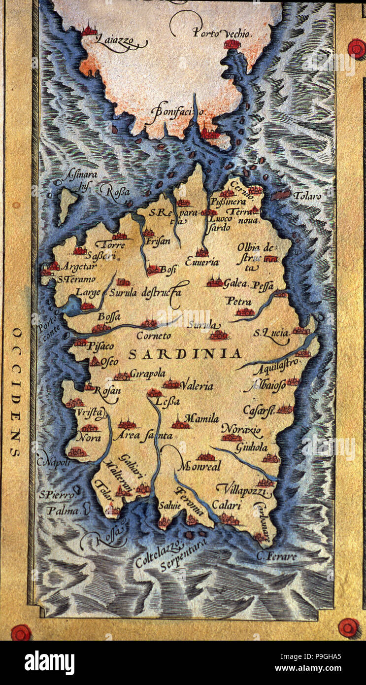 "Theatrum Orbis Terrarum" da Abraham Ortelius, Anversa, 1574, mappa dell'isola di Sardegna. Foto Stock