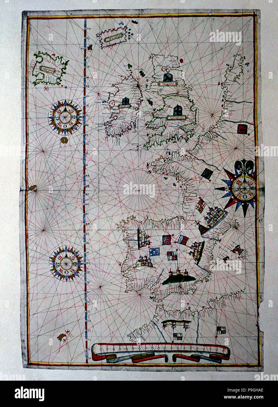 Atlas di Joan Martines, Messina, 1582. Grafico Portulan dell Europa occidentale che mostra la penisola iberica penin… Foto Stock
