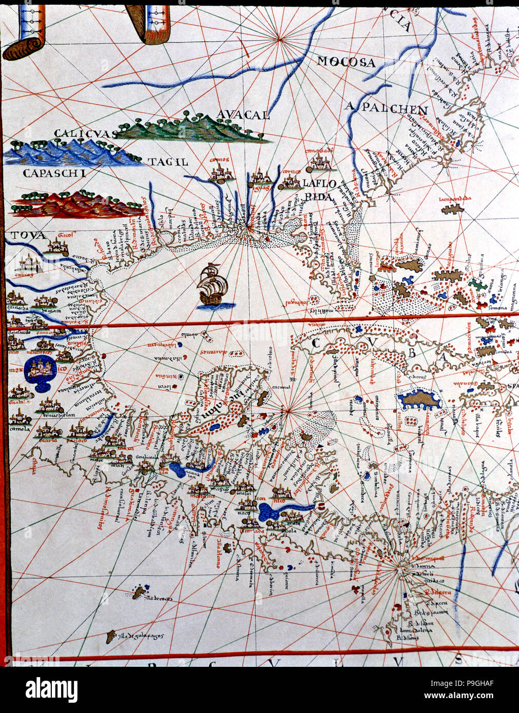 Atlas di Joan Martines, Messina, 1582. Grafico Portulan dell America Centrale e dei Caraibi, Florida, Geo… Foto Stock