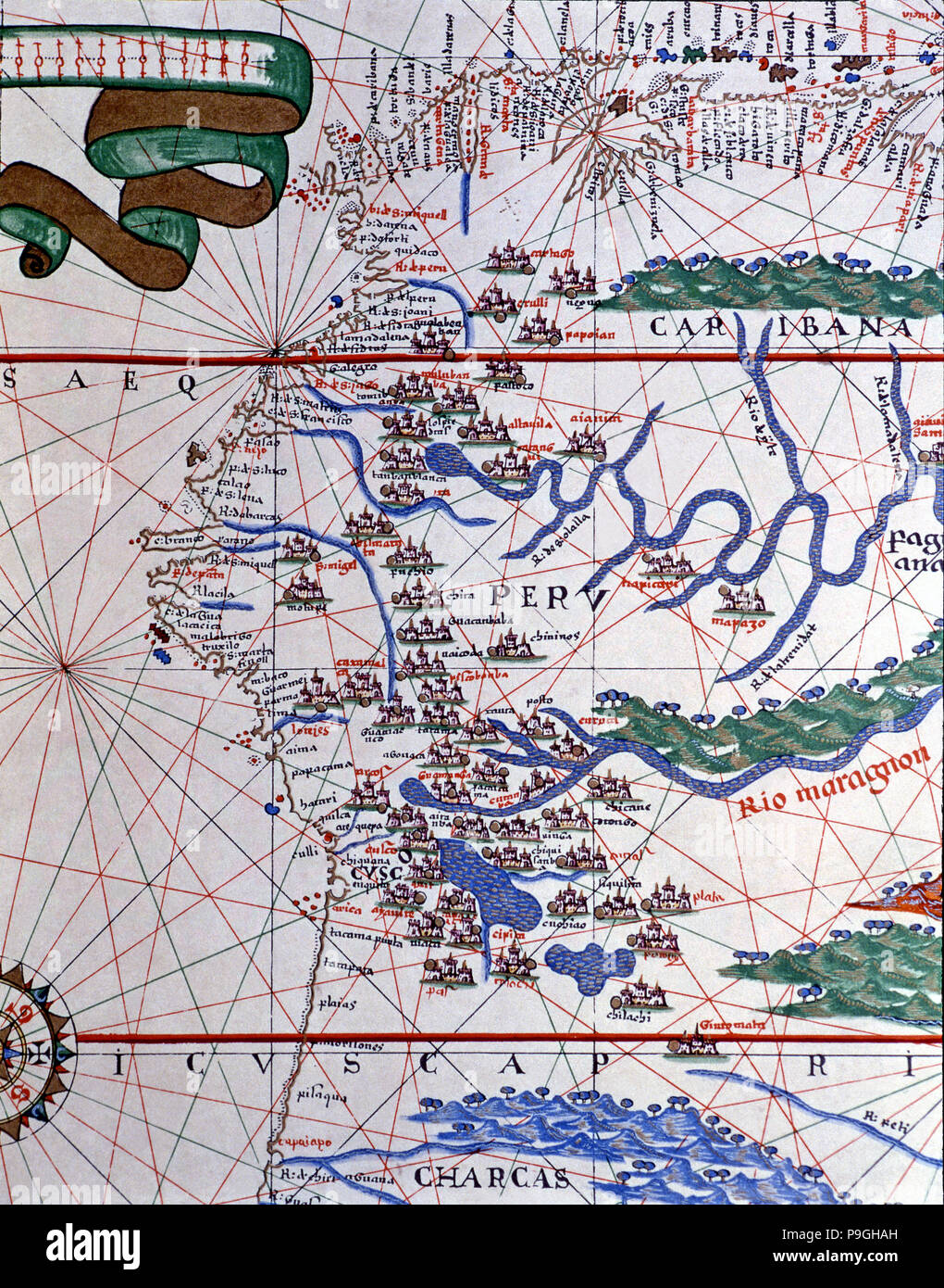 Atlas di Joan Martines, Messina, 1582. Portulan grafico della costa occidentale dell' America (Perù e Ecuador… Foto Stock