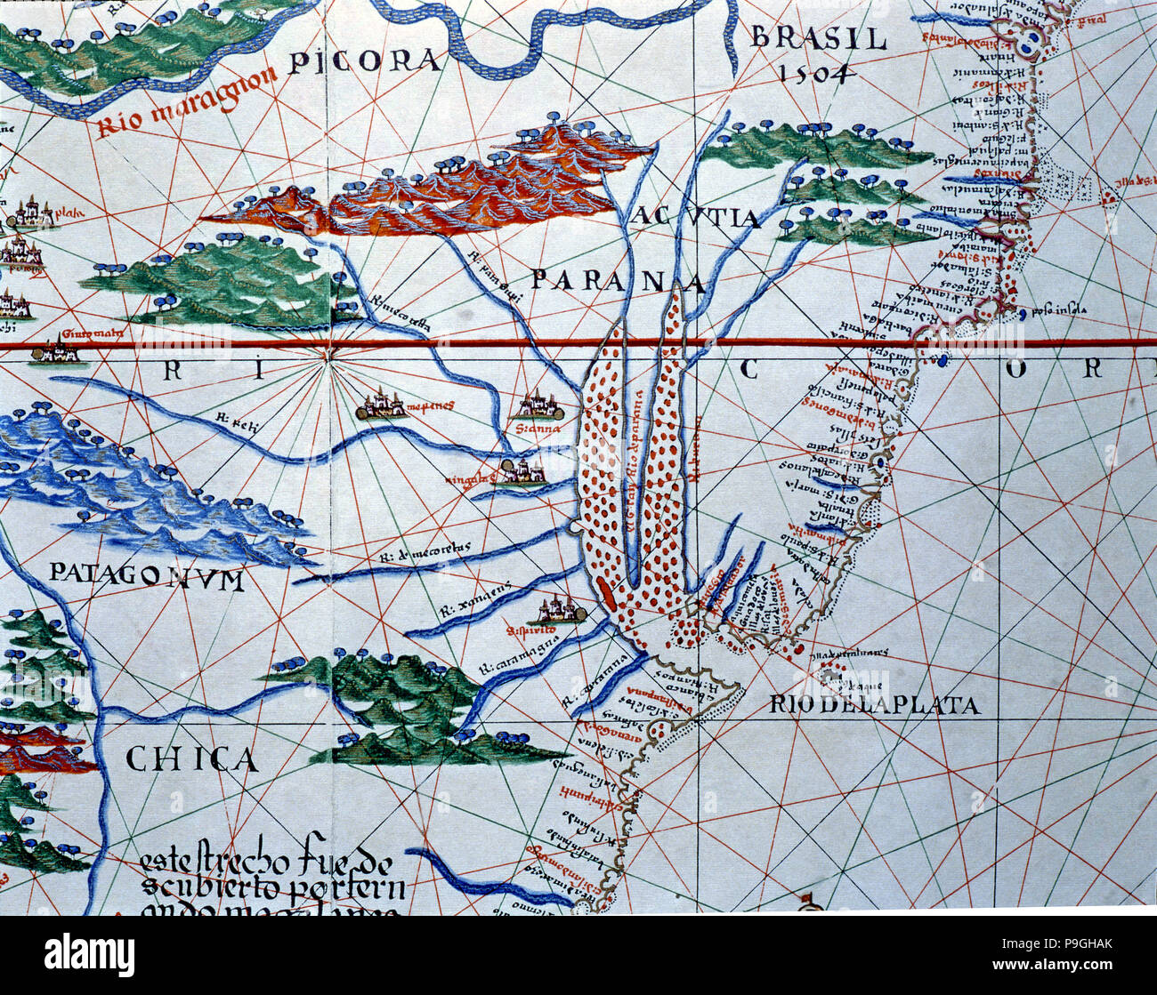 Atlas di Joan Martines, Messina, 1582. Portulan grafico del Sud America. Costa atlantica fino al … Foto Stock