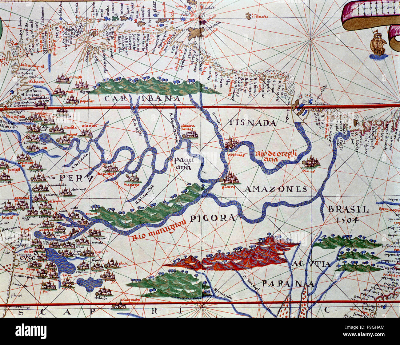Atlas di Joan Martines, Messina, 1582. Portulan grafico del Fiume Rio delle Amazzoni con il suo bacino nel pieno ... Foto Stock
