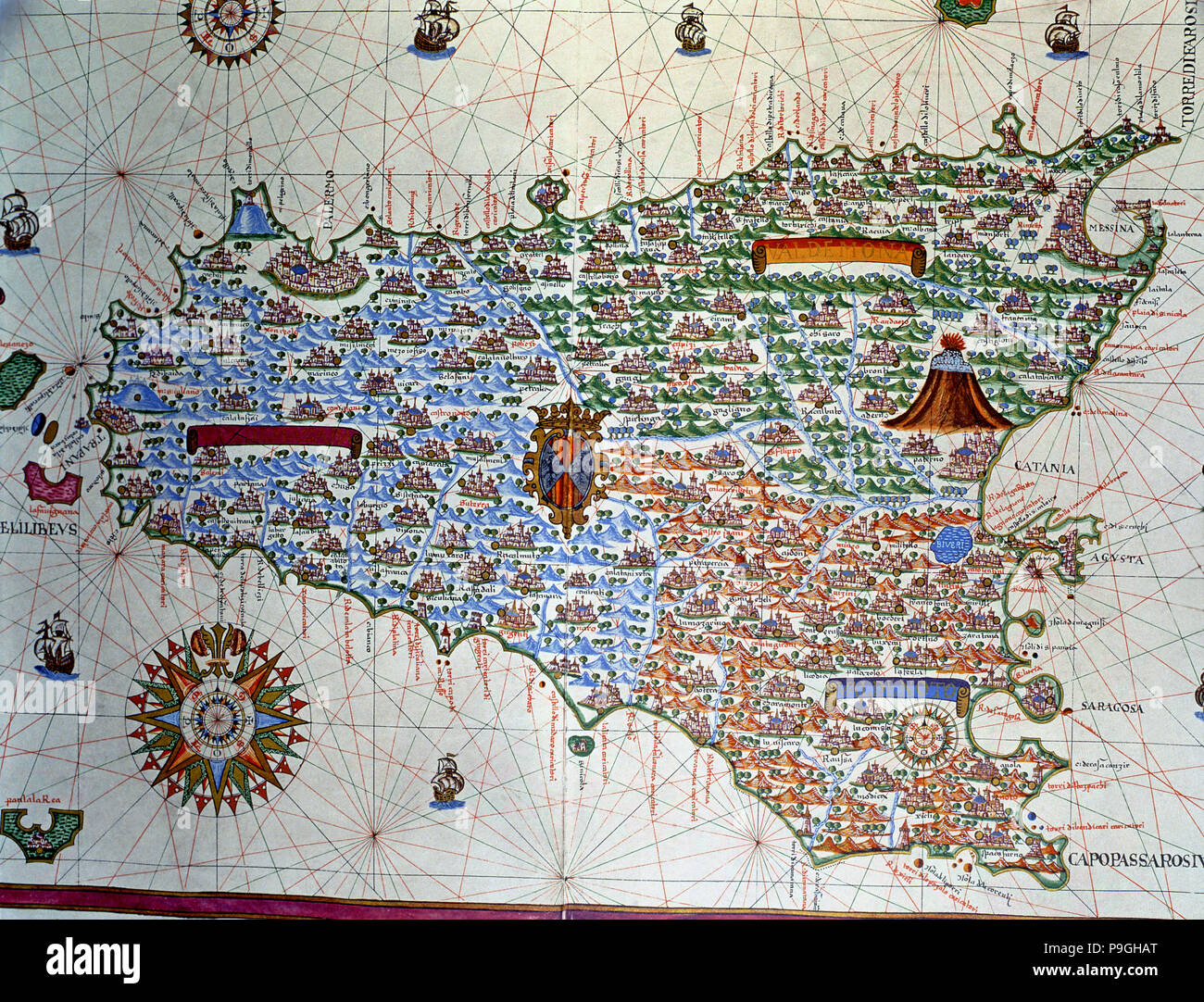 Atlas di Joan Martines, Messina, 1582. Portulan grafico della isola di Sicilia. Foto Stock