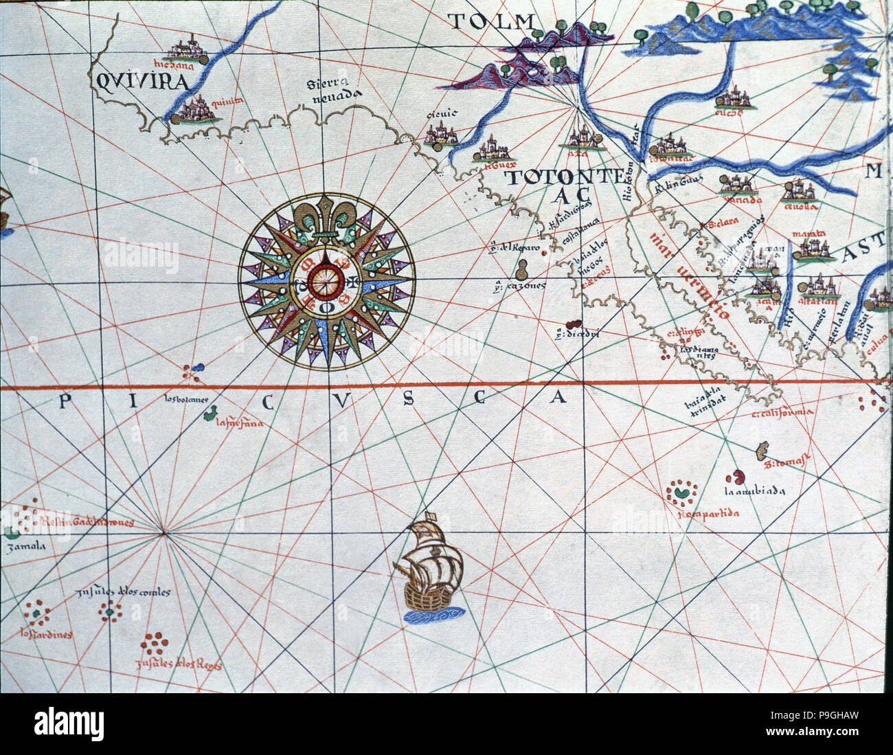 Atlas di Joan Martines, Messina, 1582. Portulan grafico di alta e Baja California e il Pacifico… Foto Stock