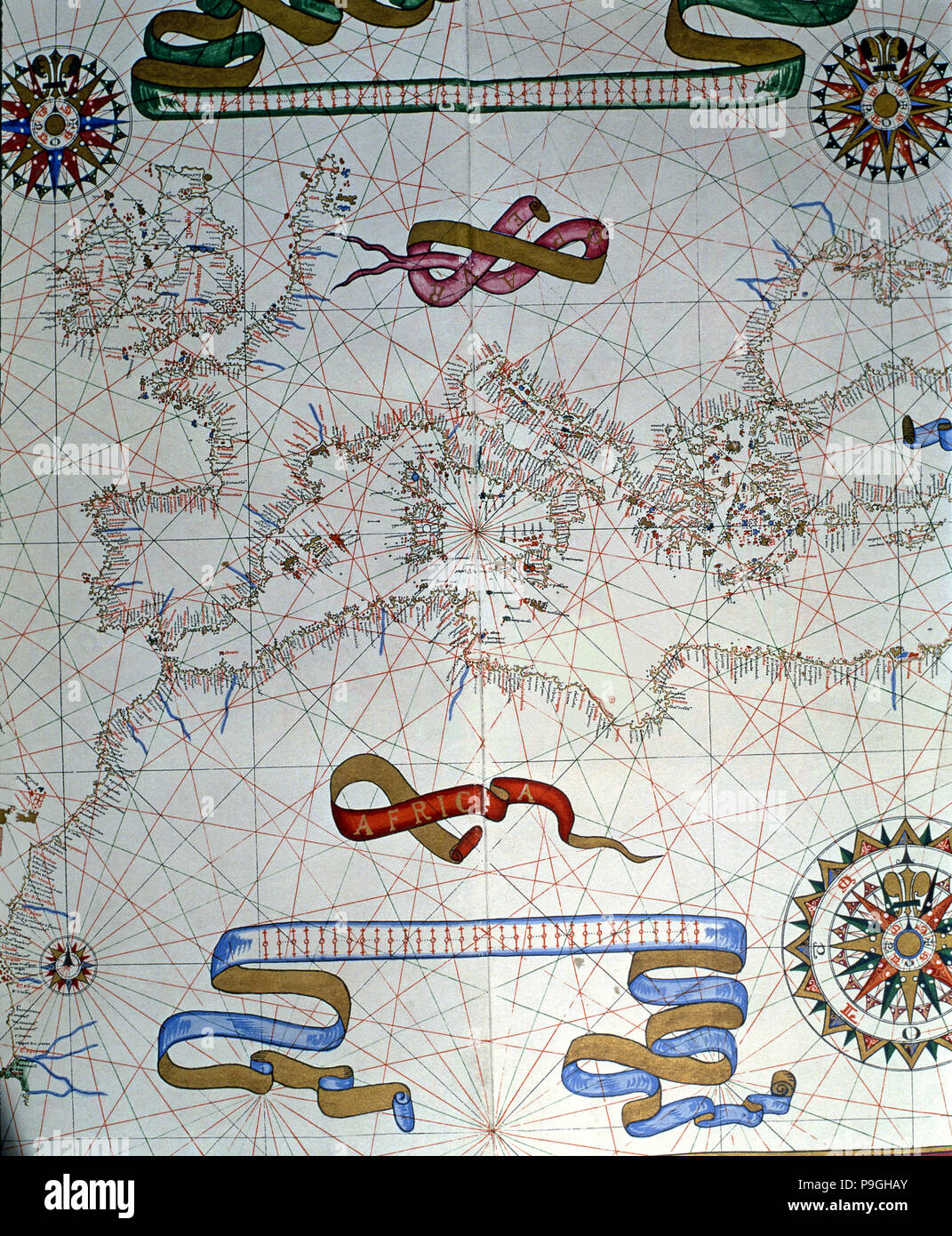 Atlas di Joan Martines, Messina, 1582. Grafico Portulan dell Europa meridionale e le coste del nord Africa. Foto Stock