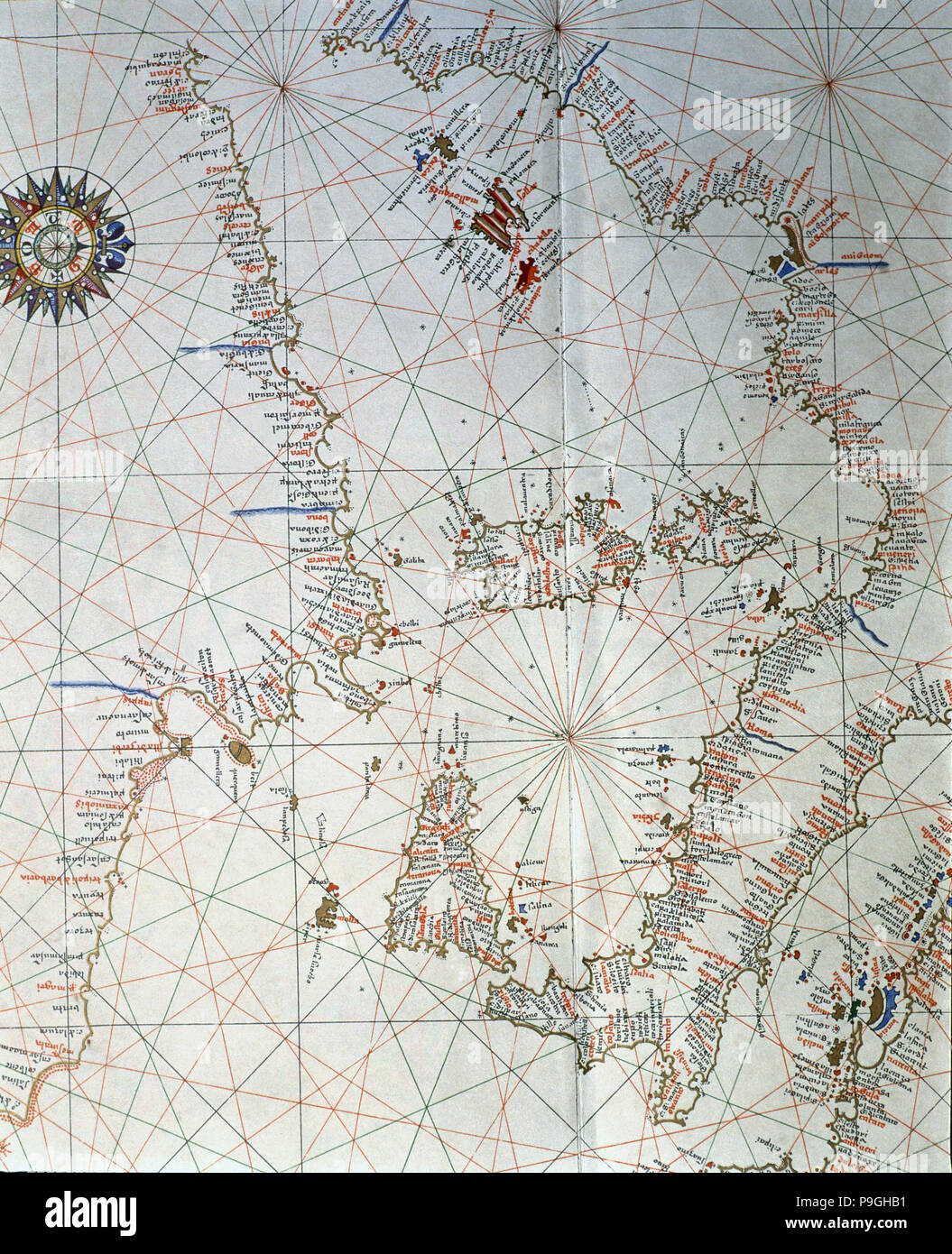 Atlas di Joan Martines, Messina, 1582. Portulan grafico del Mediterraneo occidentale, con l'Italia, e… Foto Stock