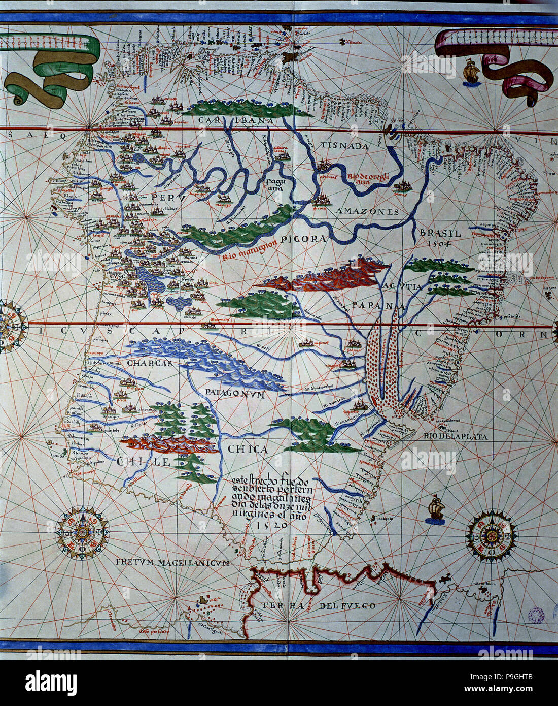 Atlas di Joan Martines, Messina, 1582. Portulan grafico del Sud America, da Panama a Tierra del… Foto Stock